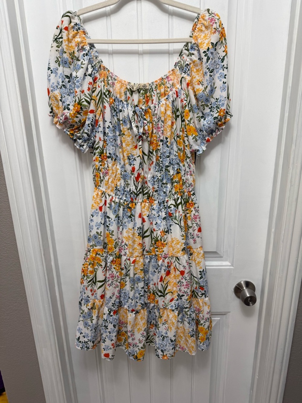 Liberty Love Mini Dress Women 1XL Yellow White Floral Tie-Front NWT  (36-8)